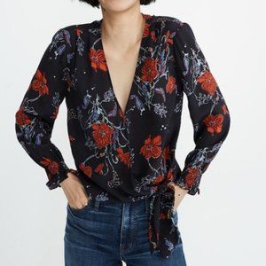 Madewell Silk Floral Smocked Sleeve Wrap Top Size S